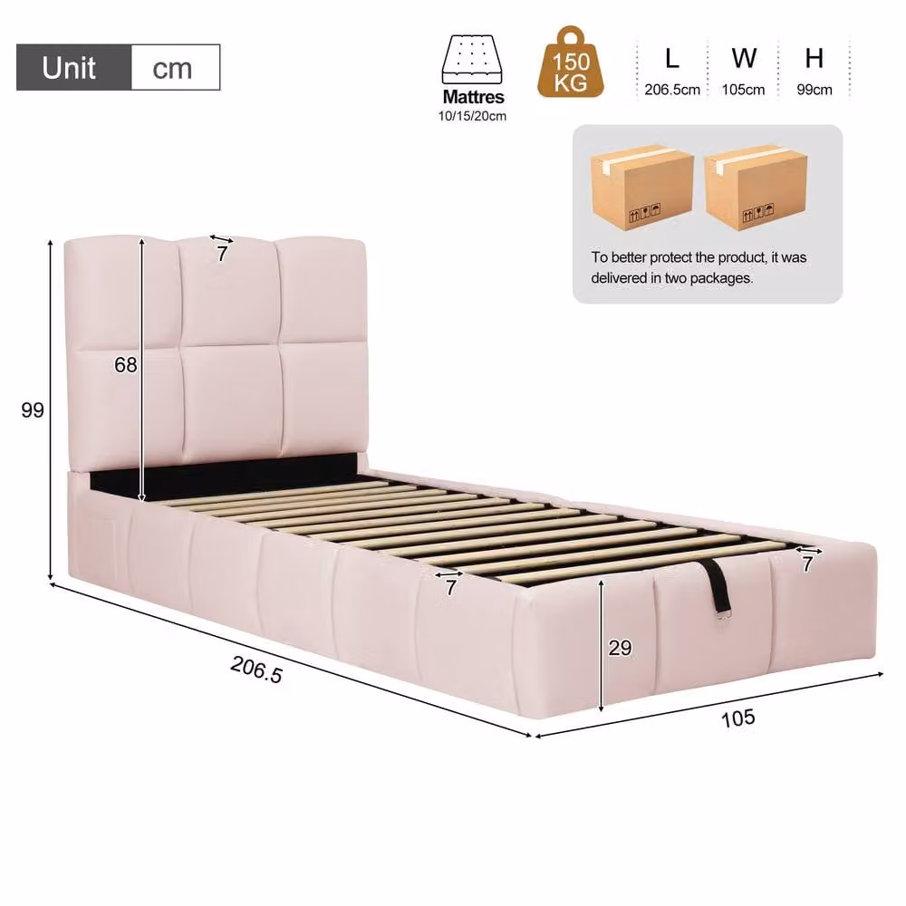 Merax Pink Velvet Single Ottoman Bed with Tufted Headboard and USB Charging Port, W/D/H: 90 x 190 x 99 cm – 2