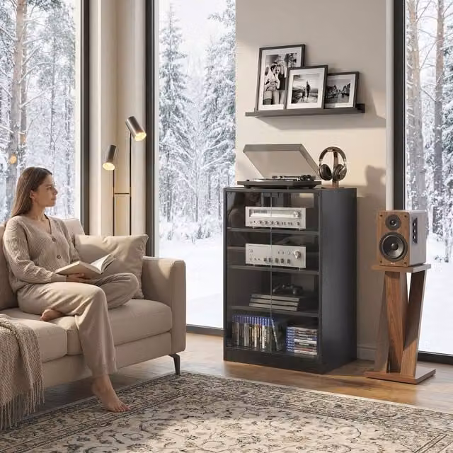 HOMCOM 4-Tier Modern Hi-Fi Stand with Glass Doors and Adjustable Internal Shelves, Black Wood-Effect