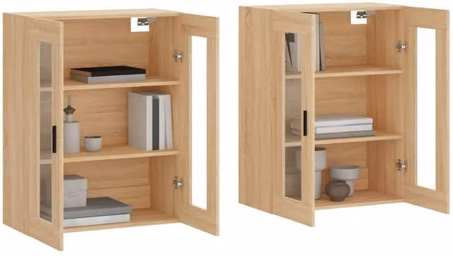 Berkfield Home Set of 2 Wall Mounted Cabinets in Sonoma Oak and Light Brown with Glass Doors