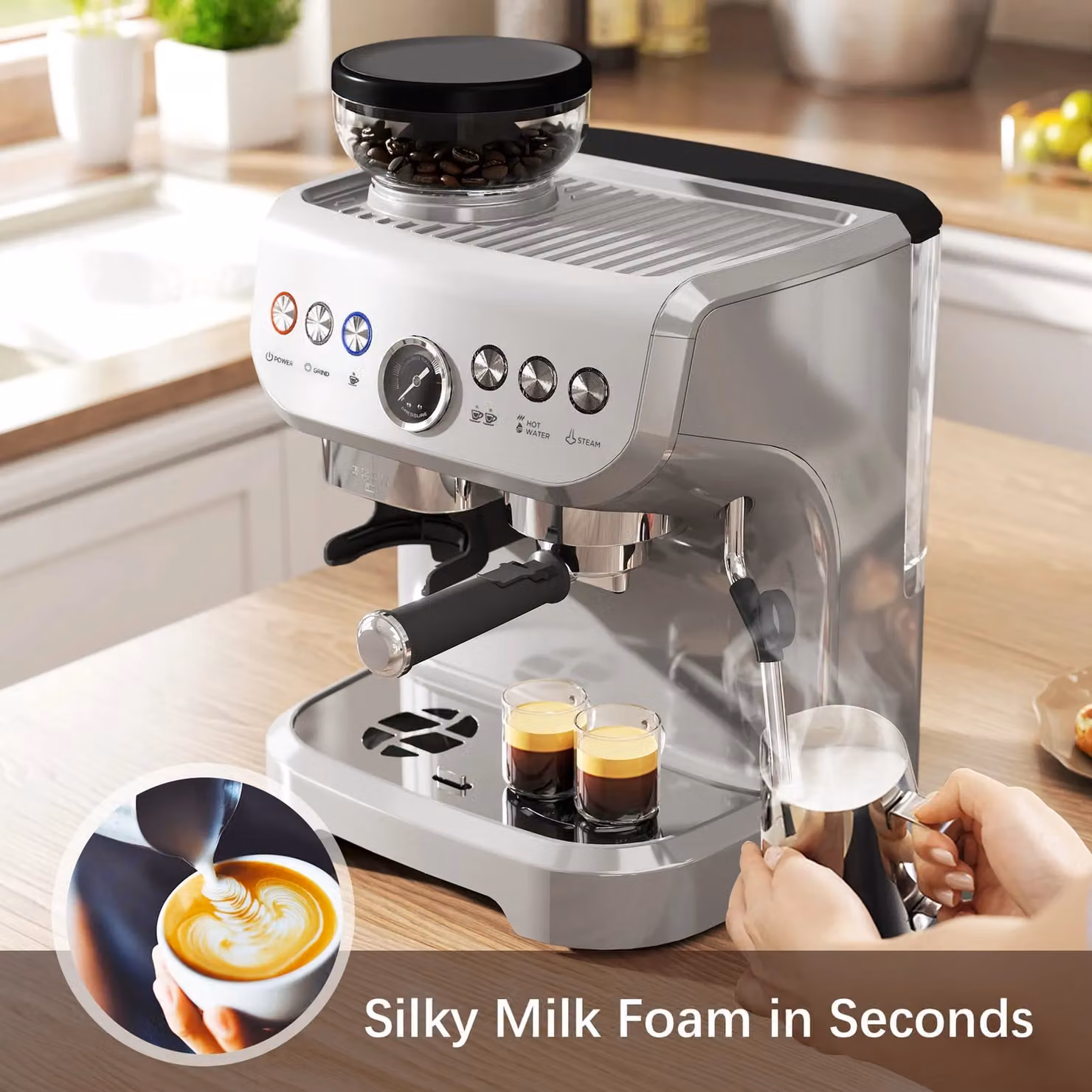 HOMCOM Silver Espresso Machine with Bean Grinder, Steam Wand, Hot Water Function and Cup Warmer – 4