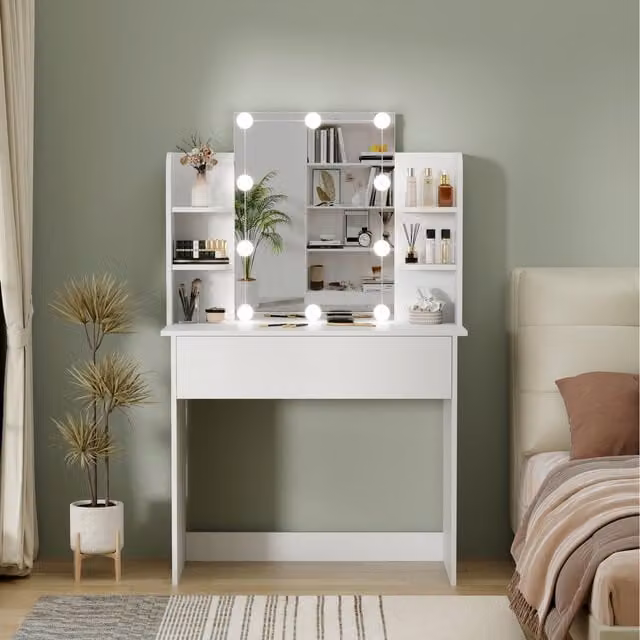 HMD Furniture Modern Hollywood LED Dressing Table with Mirror in White