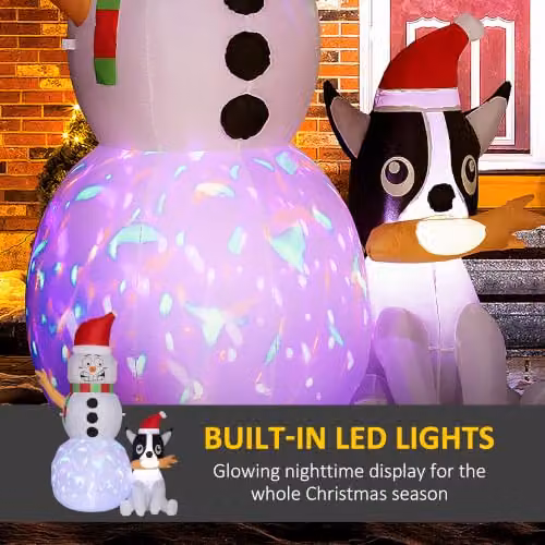Outsunny 6.2ft Inflatable Christmas Snowman with Dog, White and Multicolour Outdoor Decoration with LED Display – 3