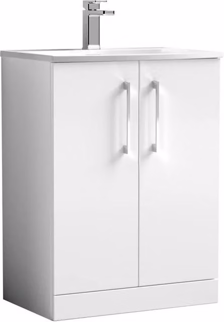 Balterley White Glossy Floor Standing Bathroom Vanity Unit with Rectangular Basin and Soft Close 2 Doors, W: 61.0 cm