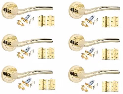 Golden Grace Indiana Door Handles with Latch in Polished Brass, 6 Sets
