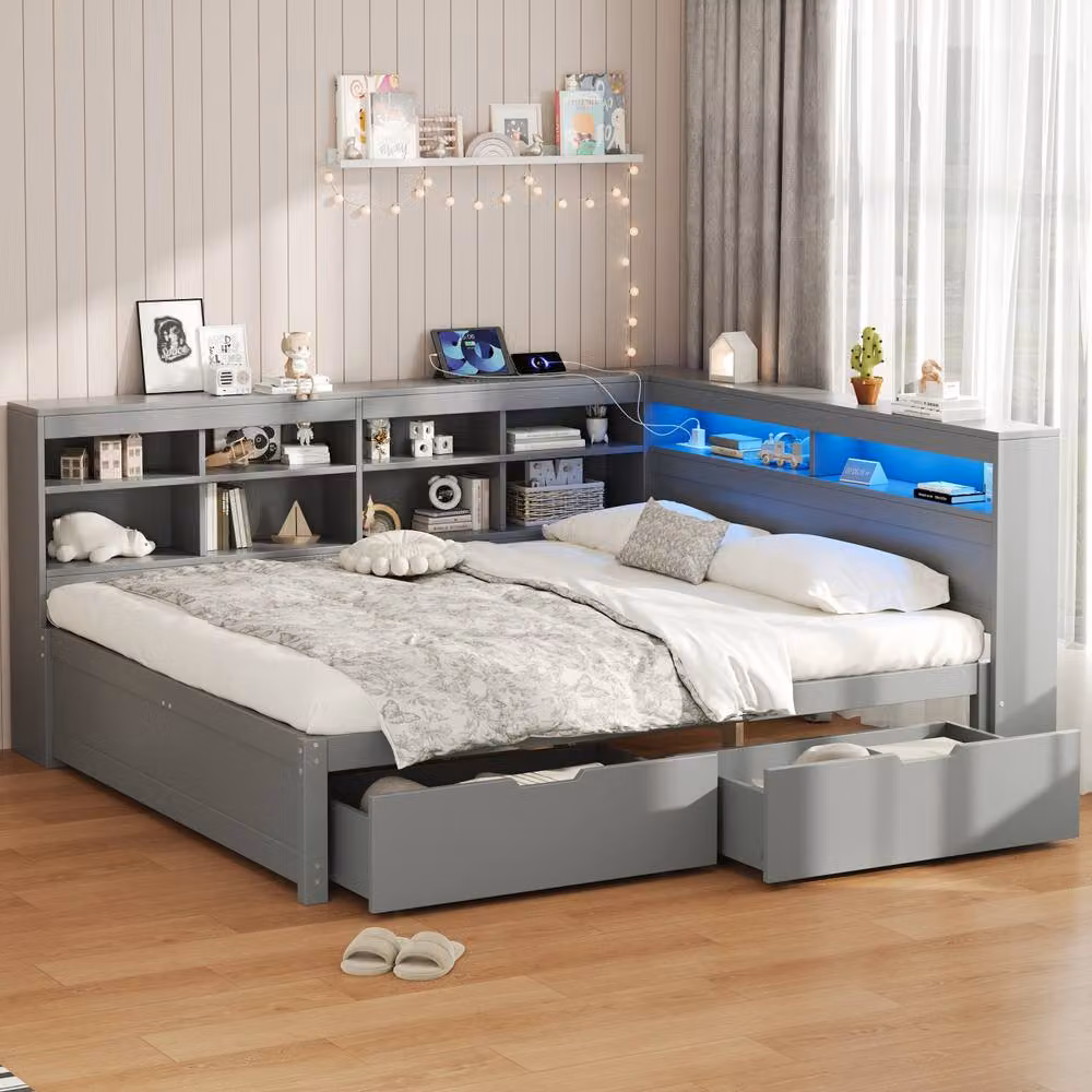 Merax Double Corner Bed Frame in Grey with 2 Drawers, LED Lighting and USB Charging Station, W/D/H: 135 x 190 cm – 2