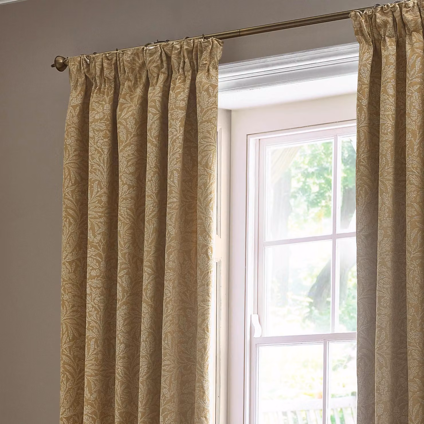 Morris & Co Acorn Tonal Matt Jacquard Pencil Pleat Curtains in Gold, Width: 168 cm, Drop: 229 cm – 3
