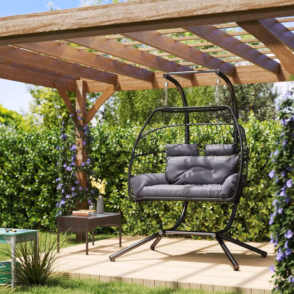 ERGOVEXA Rattan Double Hanging Egg Chair with Stand in Dark Grey – 3