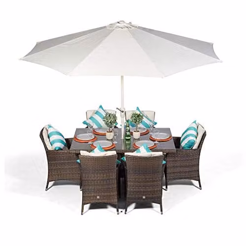 Giardino Savannah 6 Seater Rattan Garden Dining Set with Rectangular Table, Chairs, Parasol and Cover, Brown and Grey, W/D: 150 x 100 cm – 1