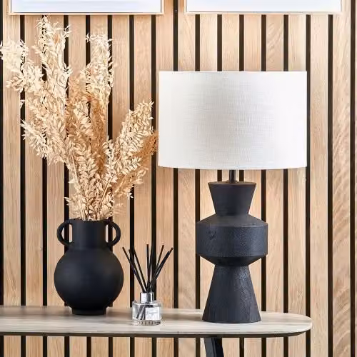 Ruma Mango Wood Contemporary Table Lamp with Black Linen Drum Shade – 1