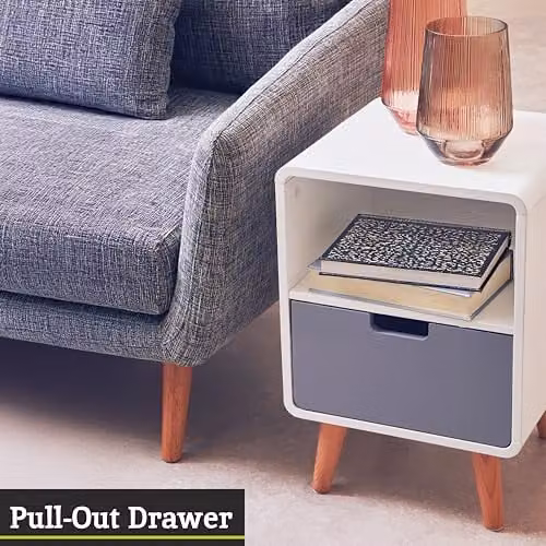 Orsina Modern 1 Drawer Cabinet in White and Grey with Pine Wood Legs – 4