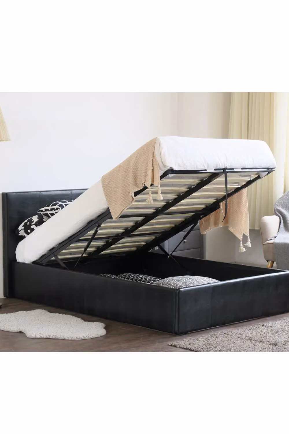 Modernique Ottoman Double Storage Bed in Black Faux Leather with Gas Lift Base, W/D/H: 120 x 200 x 89 cm – 2