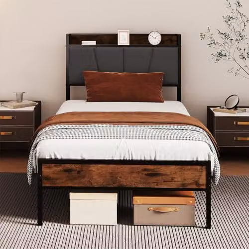 Levede Modern Upholstered Metal Bed Frame with Side Compartments and Bedside Shelf in Brown, W/D/H: 90.5 x 190 x 30 cm – 7