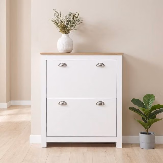 STILVORA Modern White Shoe Cabinet with 2 Drawers and Hinged Doors