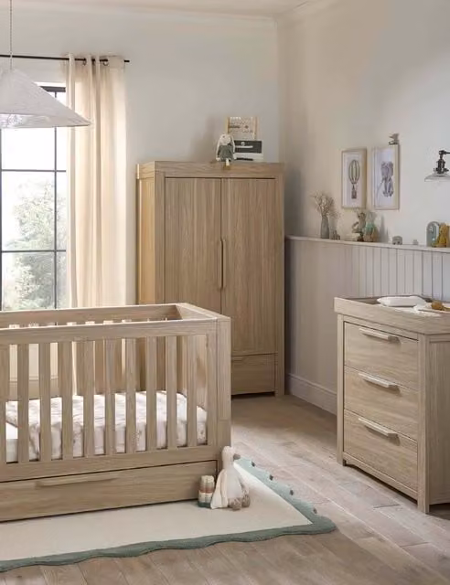Mamas & Papas Franklin 3 Piece Cot Bed Dresser and Wardrobe Set in Brown and Beige
