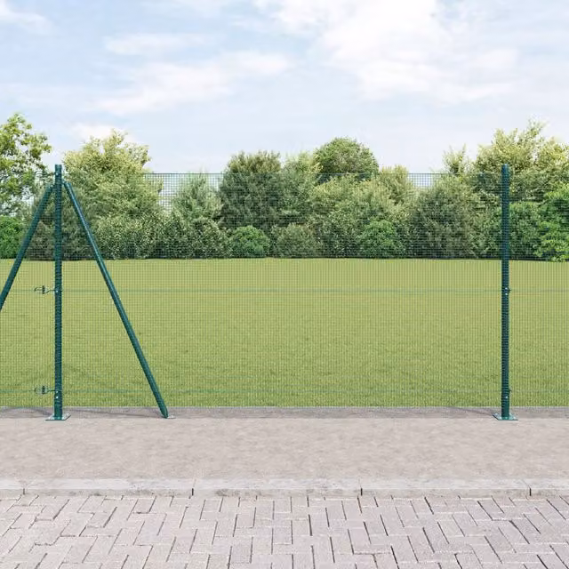Berkfield Home Powder-Coated Steel Welded Wire Fence with 7 Flanged Round Posts, Green, W: 2 m, L: 10 m – 1