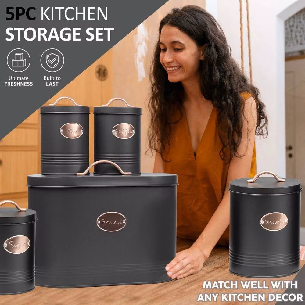 SPETLEK 5-Piece Metal Kitchen Bread Bin and Storage Tin Set in Black – 5