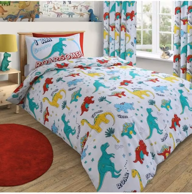 Velosso Dinosaur Printed Cotton Rich Duvet Cover and Pillowcase Set, Multicolour, W/H: 135 x 200 cm