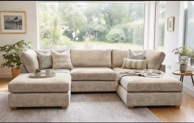 The Great Sofa Company Hyde U Shape Corner Sofa in Stone Fabric with Matching Ottoman and Scatter Cushions – 1
