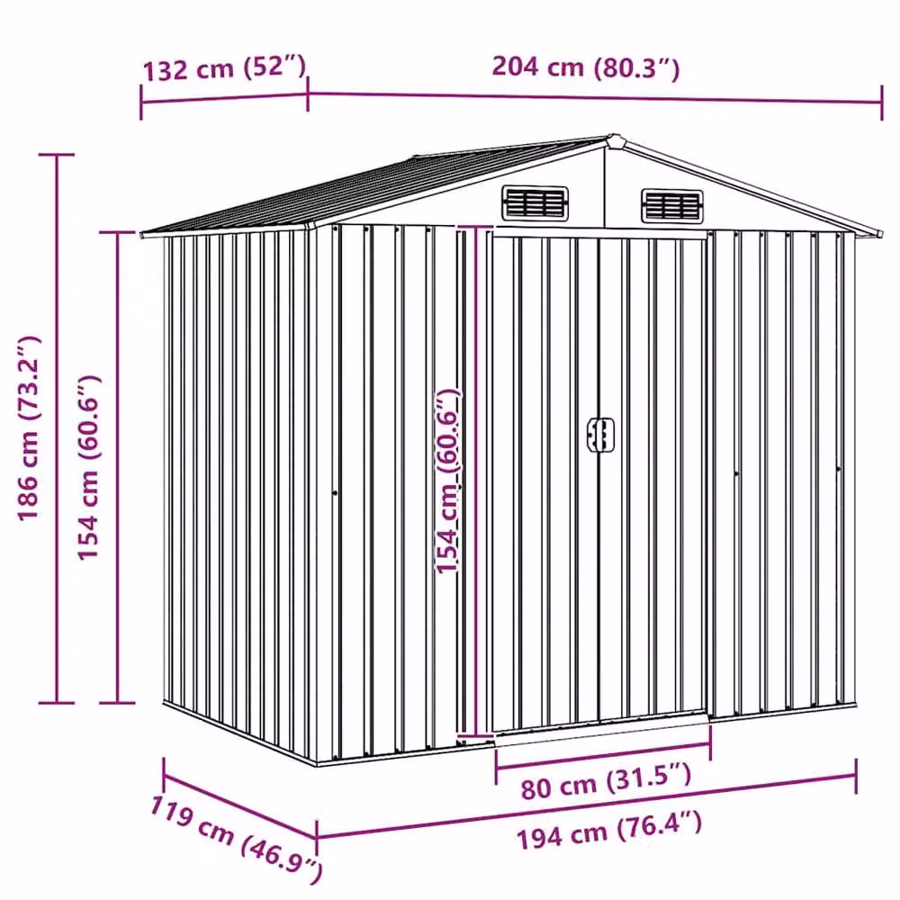 Berkfield Home Green Metal Garden Storage Shed with Sliding Gable Doors, W/D/H: 204 x 132 x 186 cm – 6