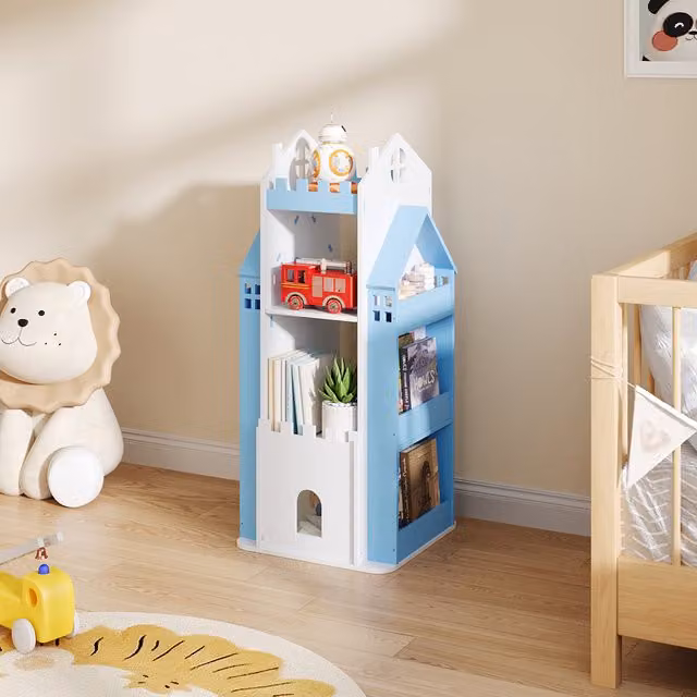 Livingandhome 4-Tier Castle Rotating Kids Bookshelf in Blue
