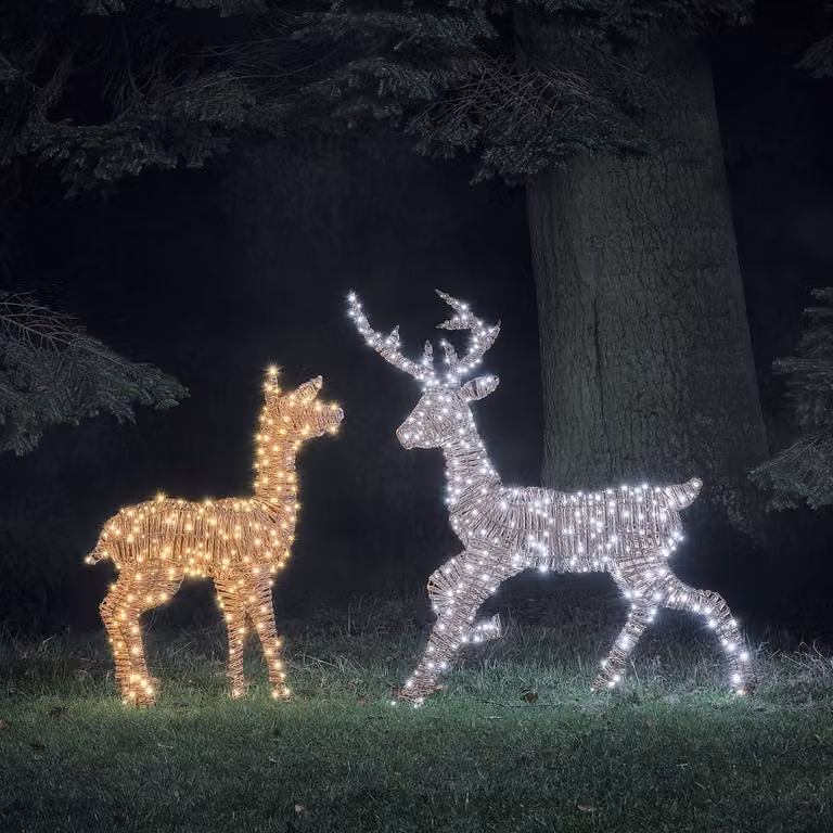 Pateley Dual LED Rattan Stag and Doe Light Up Reindeer Duo in Brown and Black