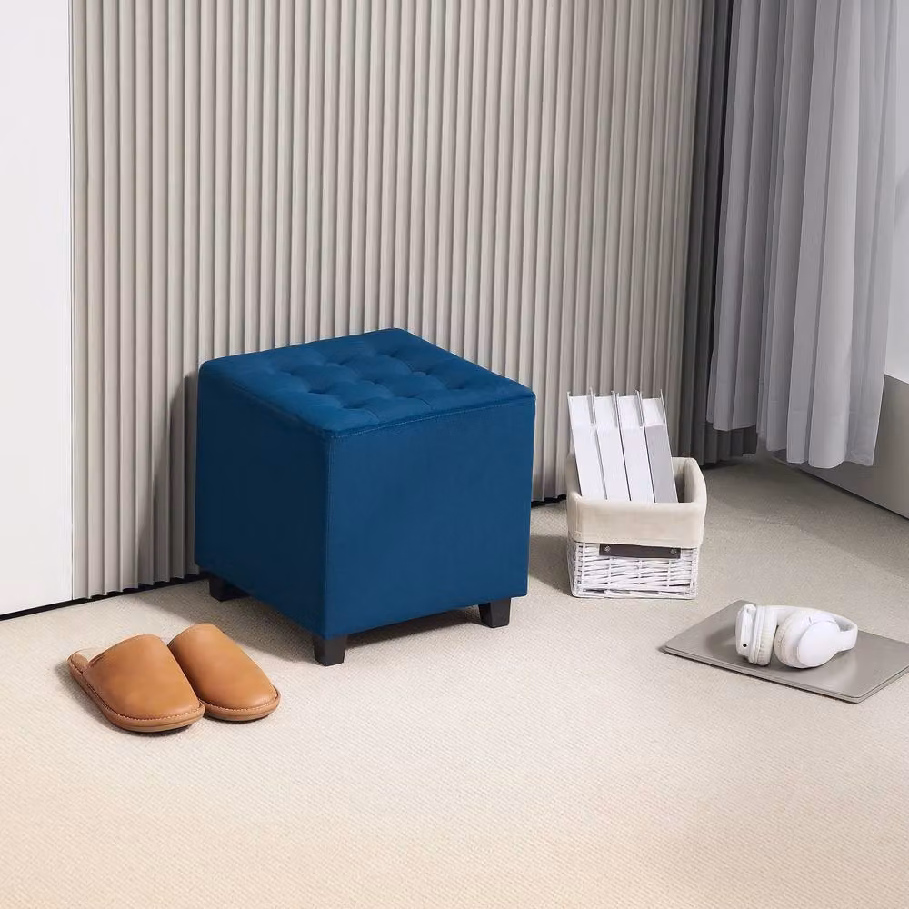 STILVORA Blue Polyester Button Tufted Ottoman Stool W/D/H: 35 x 35 x 35 cm – 2