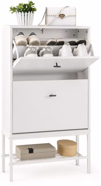 COSTWAY Industrial White Metal Freestanding Shoe Storage Cabinet with Tilting Compartments