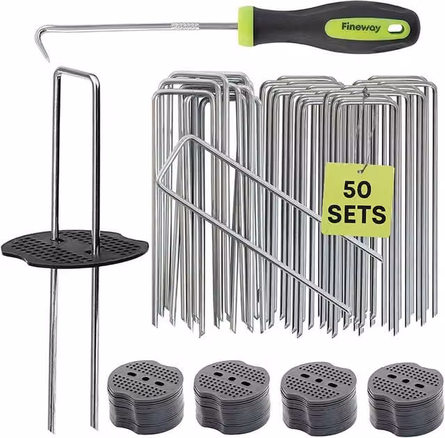 Fineway 50 Galvanised Steel Weed Membrane Pegs with Tool in Silver