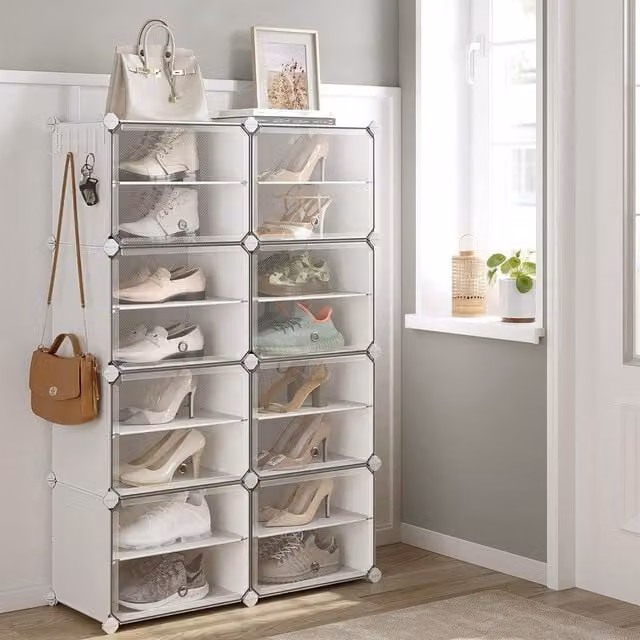 SONGMICS Modular 8-Slot Shoe Storage Cabinet with Transparent Glass Doors in White