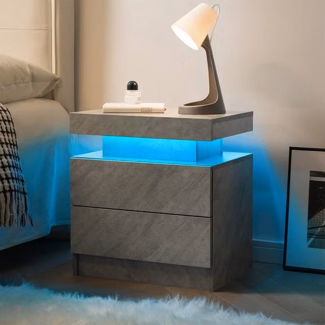 Direct Wicker Modern Grey Wicker Nightstand with Integrated LED Lighting and 2 Drawers