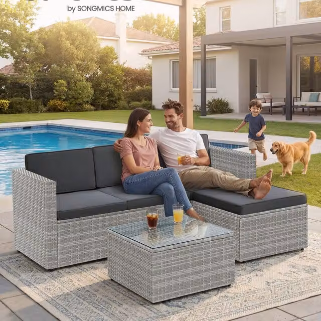 SONGMICS Modern Black PE Rattan Garden Furniture Set with Metal Frame and Glass Top