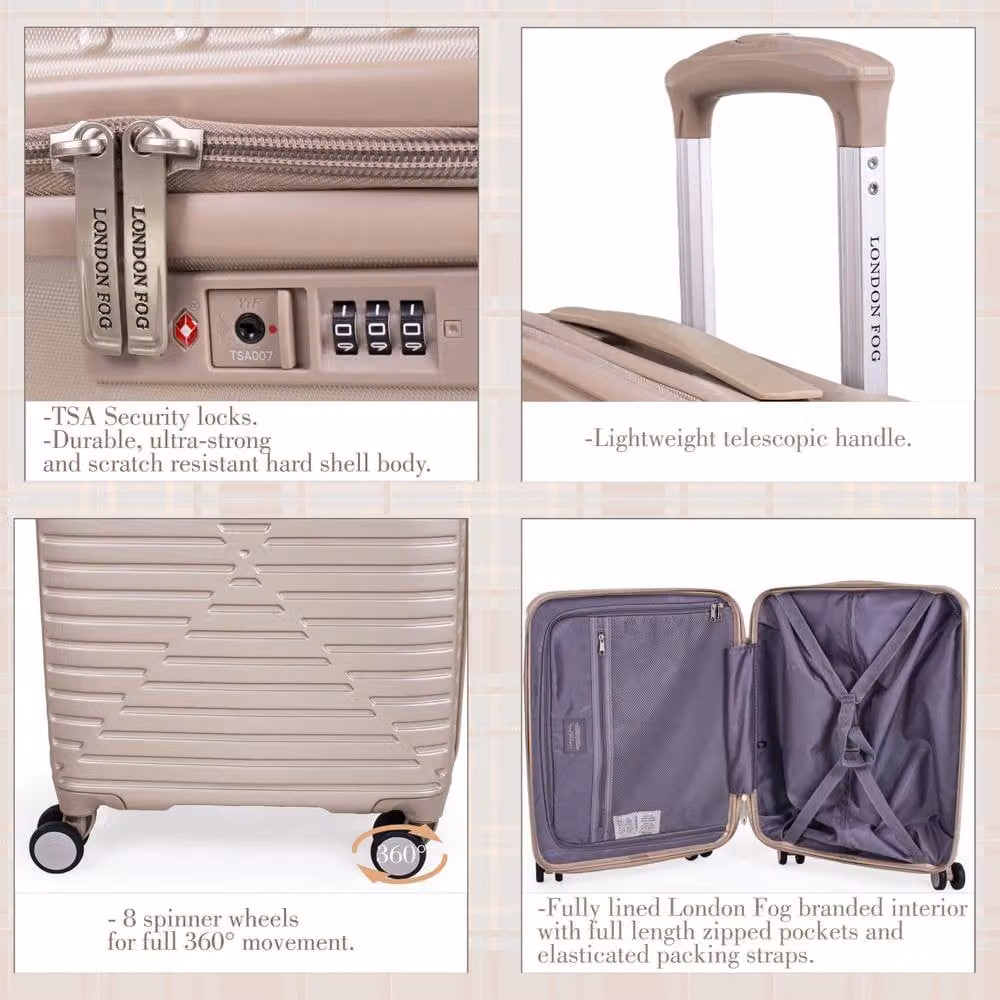 London Fog Cavendish 3-Piece Hard Shell Suitcase Set with 4 Dual Wheels in Metallic Gold – 3