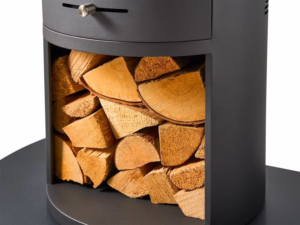 OKO S7 Bio Ethanol Panoramic Stove with Log Storage and Extra Tall Metal Pipe in Dark Grey – 7