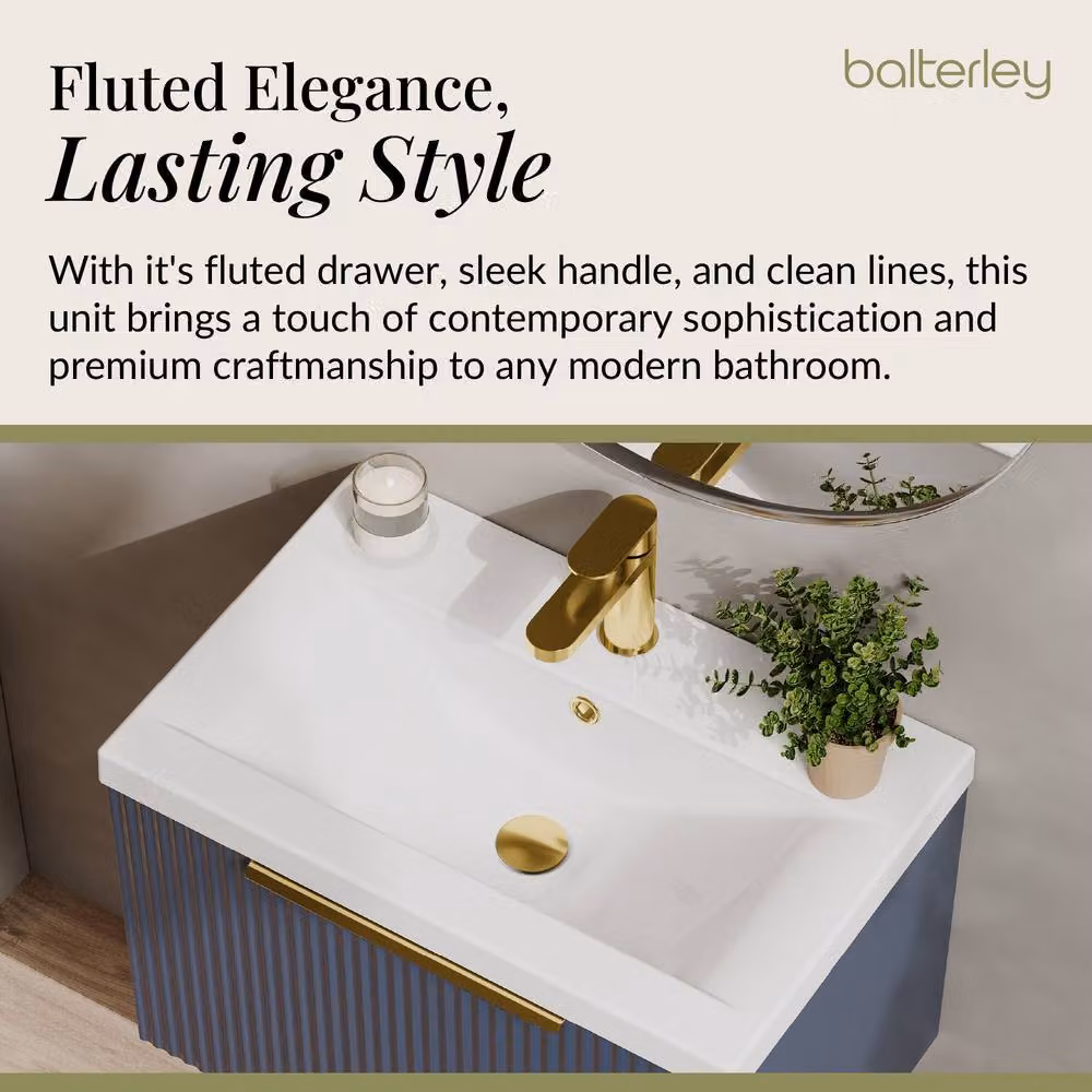Balterley Fluted Front Wall Hung 1 Drawer Vanity Basin Unit, Satin Blue, Width: 60 cm – 3