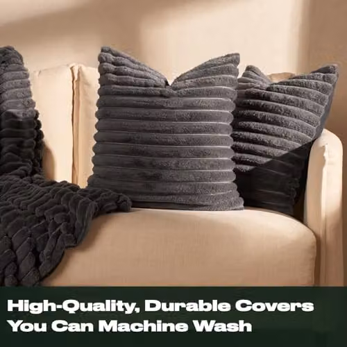 OHS Pack of 4 Grey Faux Fur Square Scatter Cushions with Removable Covers, W/D/H: 45 x 45 x 45 cm – 2