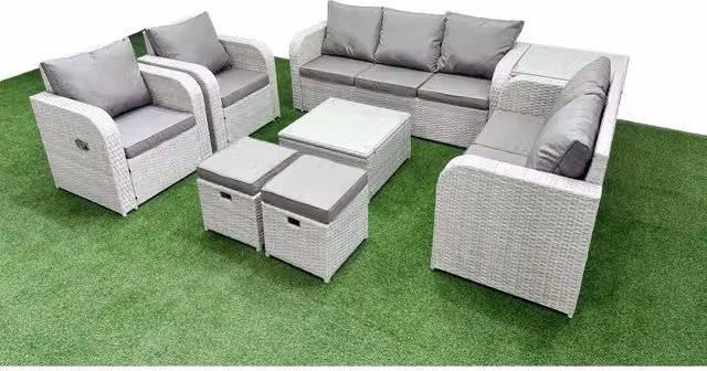 Fimous PE Rattan Garden Sofa Set in Light Grey with Reclining Chairs, 3-Seater Sofa, Ottoman and Coffee Table
