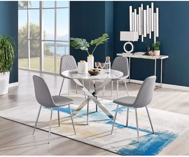 FurnitureboxUK Novara White Marble Effect Round Dining Table with 4 Corona Silver Chairs in Grey
