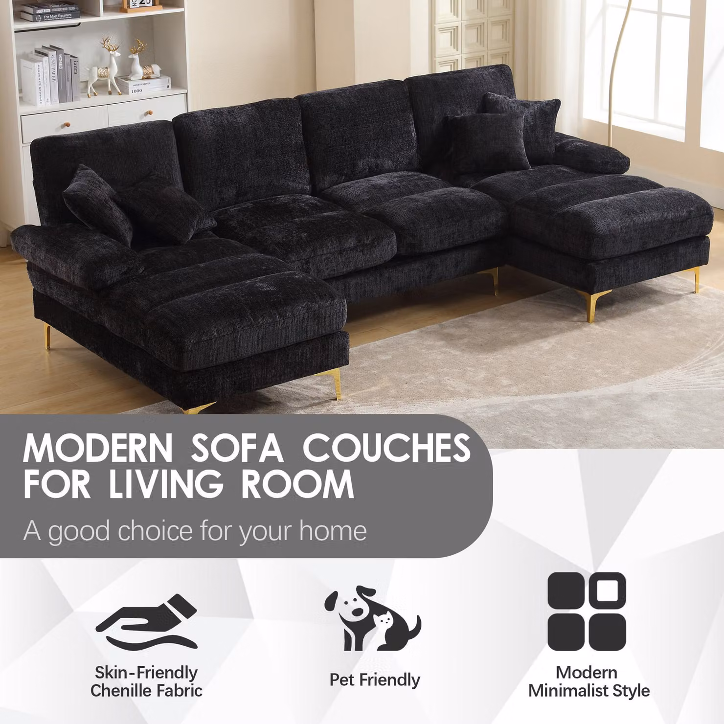 Aosom UK Elegant U-Shaped Modular Sectional Sofa in Black with Scatter Cushions, W: 272 cm, D: 136 cm, H: 88 cm – 3