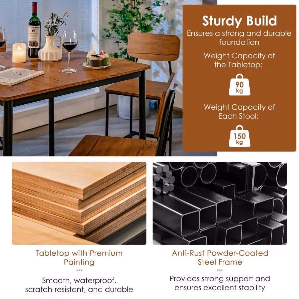 Costway Industrial Dining Table Set with 4 Stools in Brown – 5
