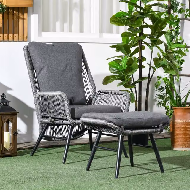 Outsunny Modern Polyrattan Garden Leisure Chair Set with Adjustable Headrest and Armrests, Grey