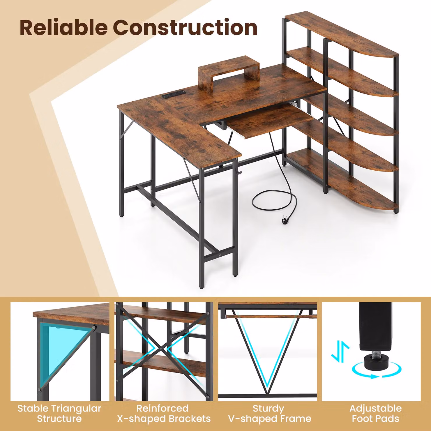 Gymax L-Shaped Corner Computer Desk with Storage Shelves in Brown – 5
