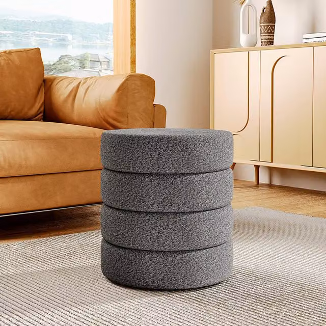 Livingandhome Teddy Bouclé Upholstered Round Footstool in Grey