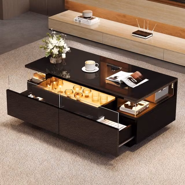 Aosom UK High-Gloss 3-Tier Coffee Table with Removable Tray and App-Controlled LED Lights, Black, W: 90 cm, D: 45 cm, H: 35.5 cm