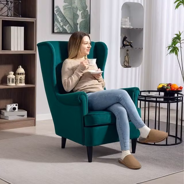HOMCOM Modern Velvet Wingback Accent Chair with Solid Wood Legs in Green