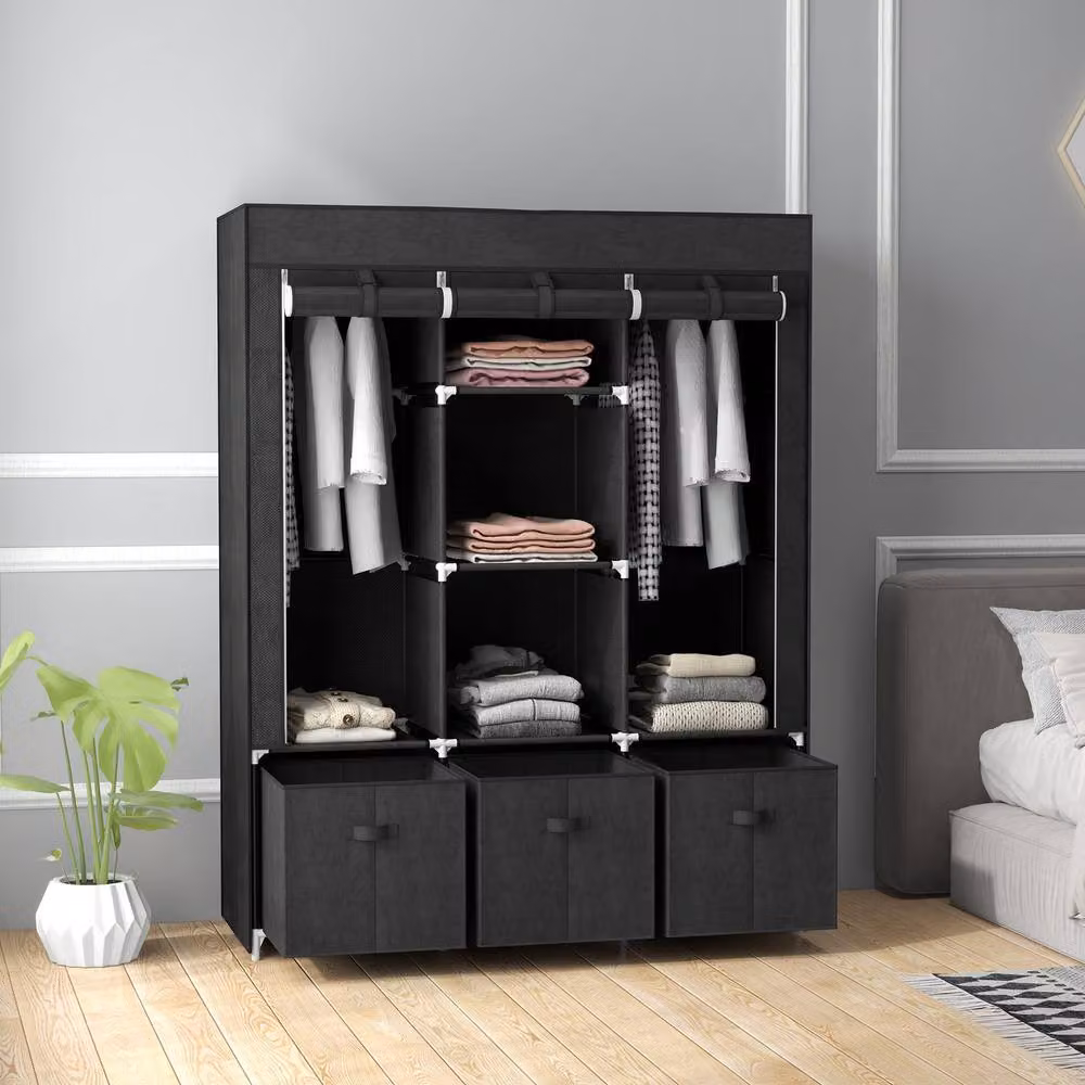 STILVORA Modern Black Roll Shutter Wardrobe with Internal Shelves, Hanging Rod and Drawers, W/D/H: 125 x 43 x 162.5 cm – 2