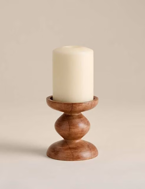 M&S Bobbin Wooden Pillar Candle Holder in Brown and Beige