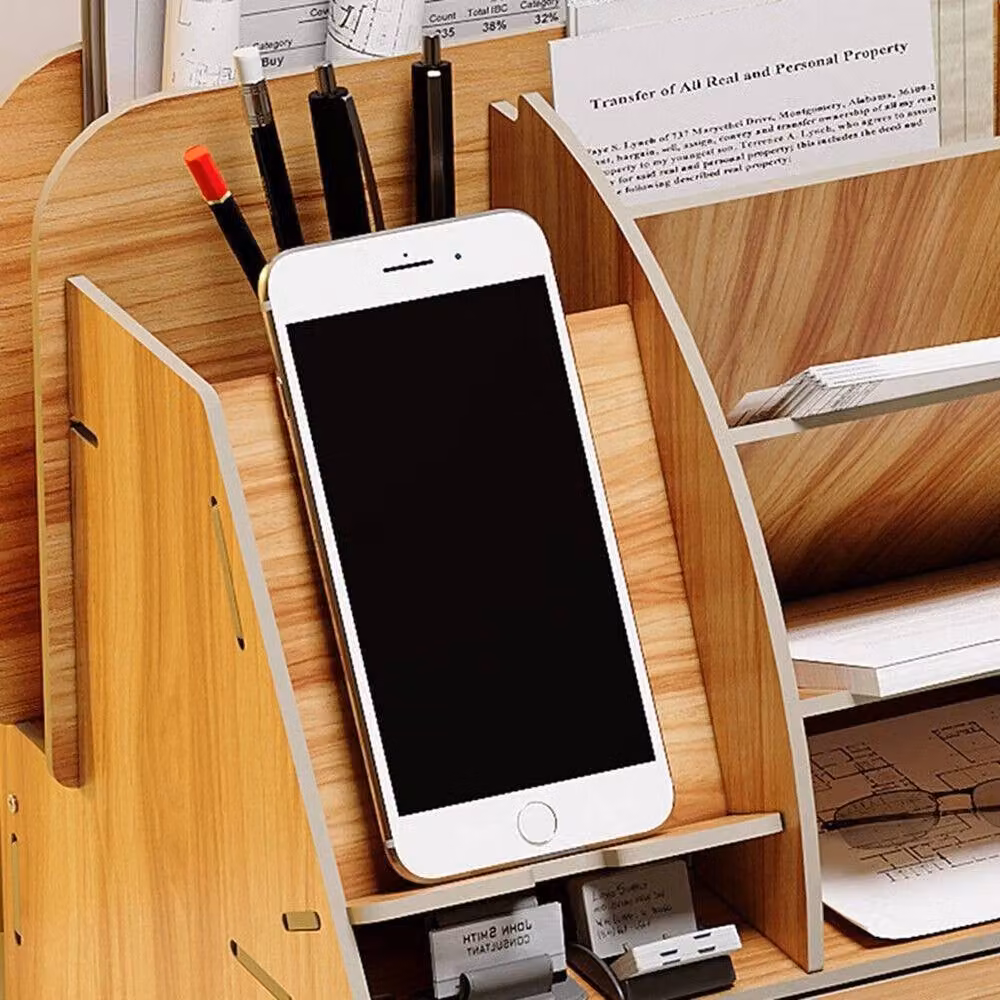 Kelvenix Wooden Tabletop Pencil Storage Holder Organizer in Brown, W/D/H: 24.4 x 19.3 x 16.3 cm – 2
