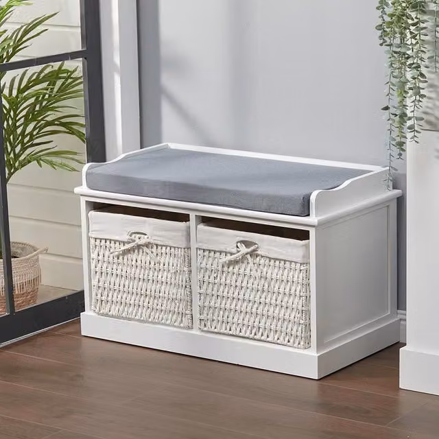 Livingandhome White Upholstered Hallway Bench with 2 Rattan Storage Baskets