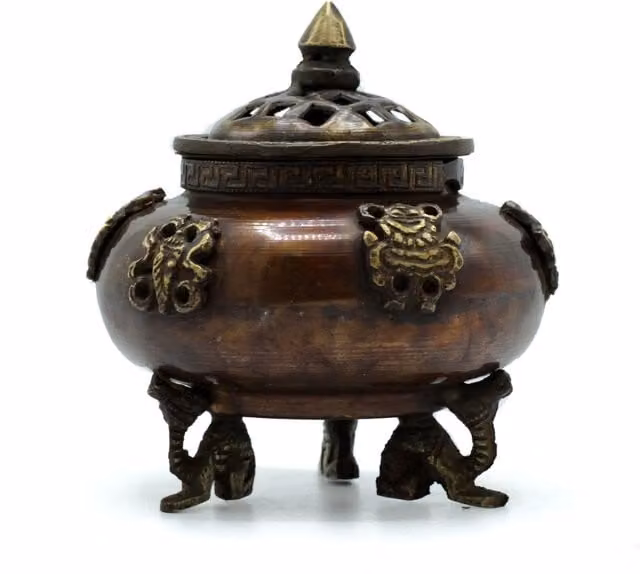 KDMD Brass Tibetan Incense Burner, Six Symbols Standing Pot in Brown