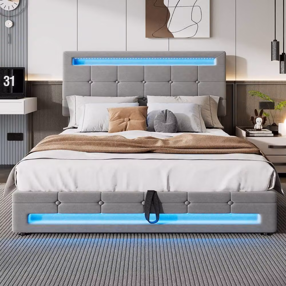 ModernLuxe Grey Velvet Double Ottoman Bed with LED Under-Bed Lighting and Headboard, W/D/H: 135 x 190 x 123 cm – 3
